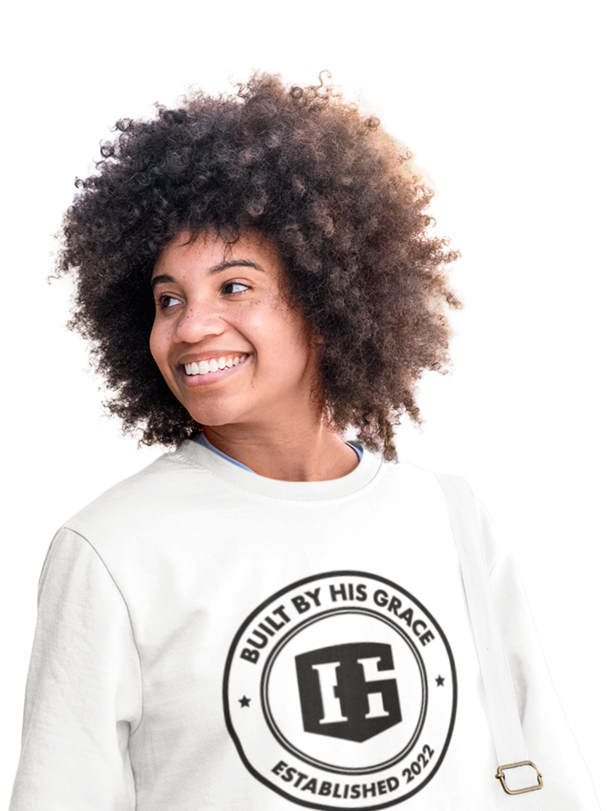 Woman smiling wearing a BBHG sweatshirt