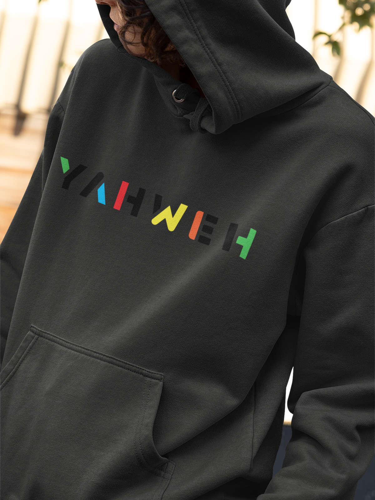 Dark hoodie with Yahweh text
