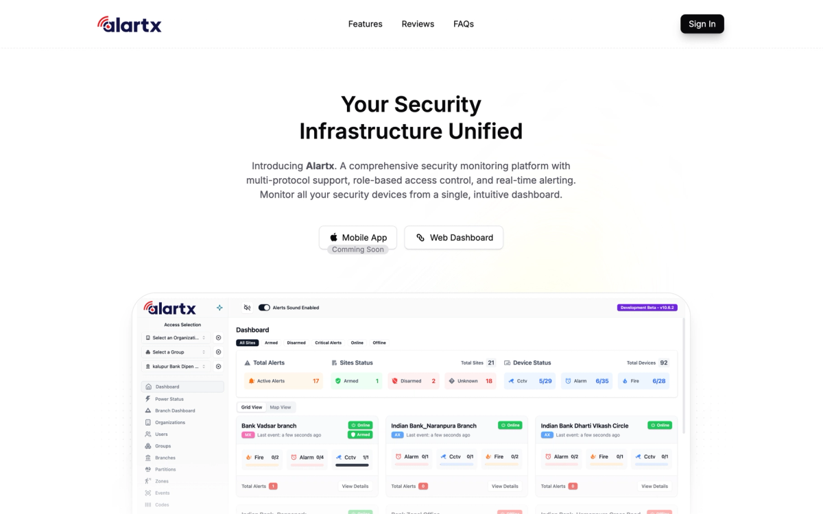 Security operations dashboard showing live alarm, fire, and CCTV status across bank branches