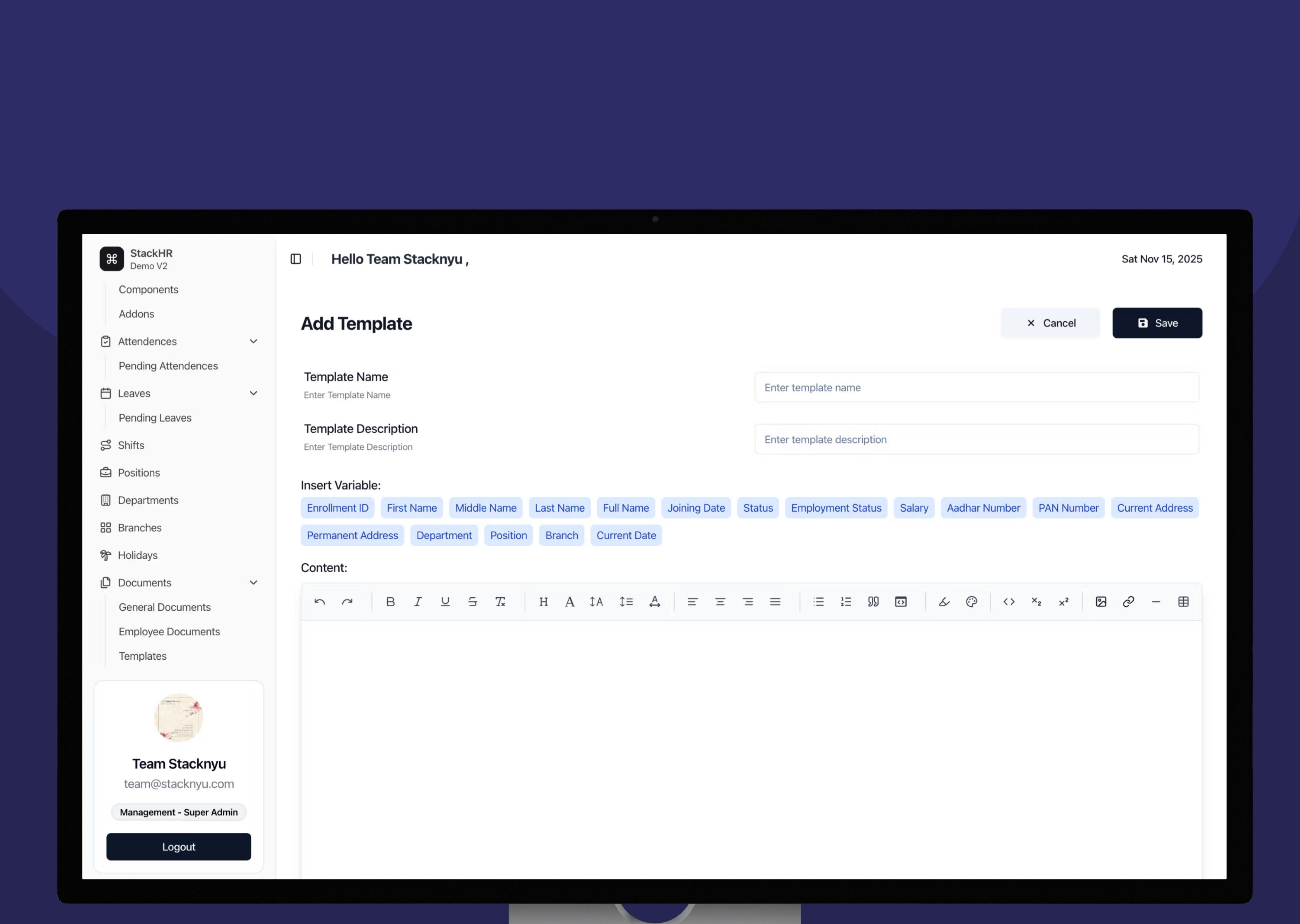 StackHR – A Fully Customisable HR Management System for Complex Organisations interface