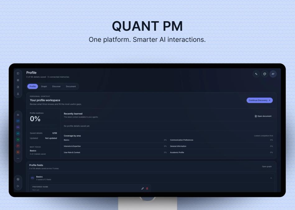 AI profile workspace showing context, discovery, and next actions