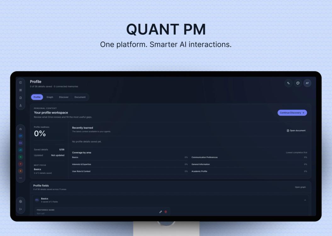 Profile and context workspace with structured details and discovery
