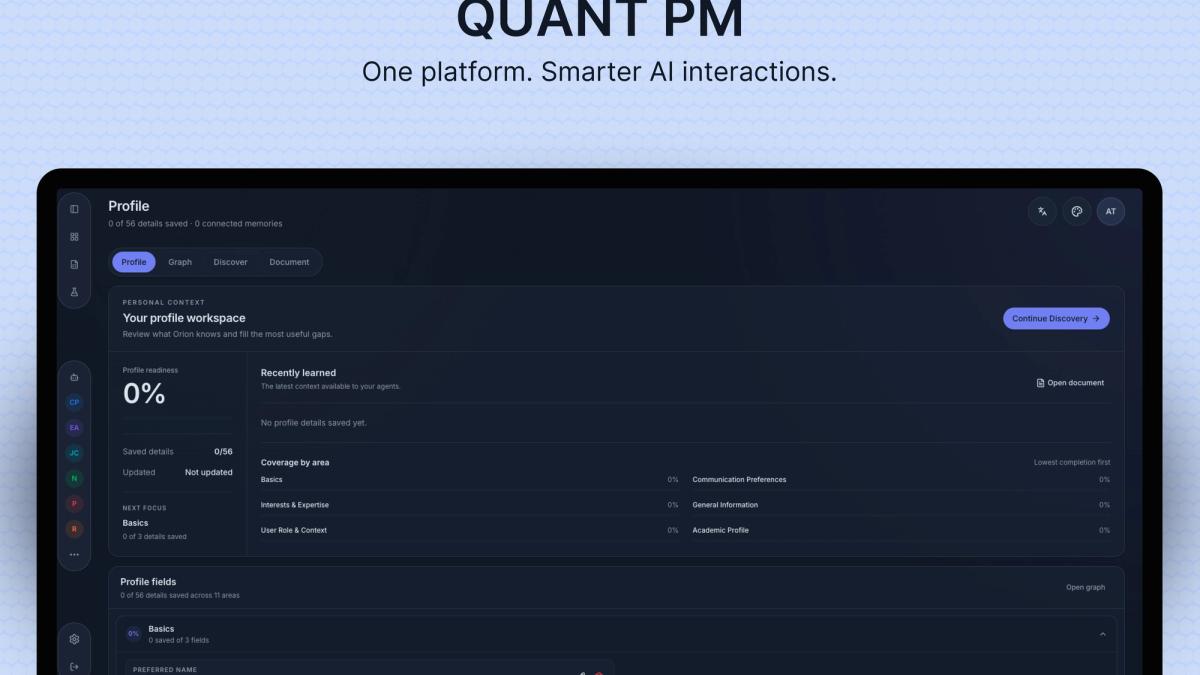 AI profile workspace showing context, discovery, and next actions