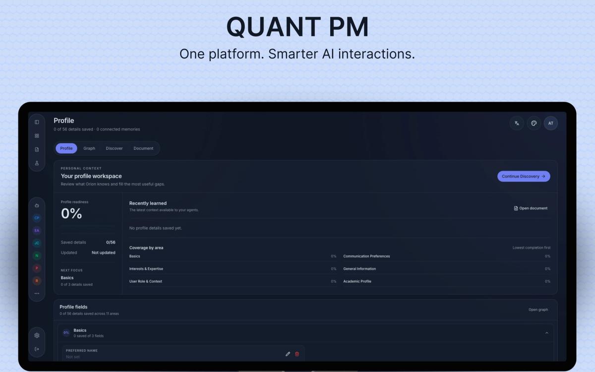 Profile and context workspace with structured details and discovery