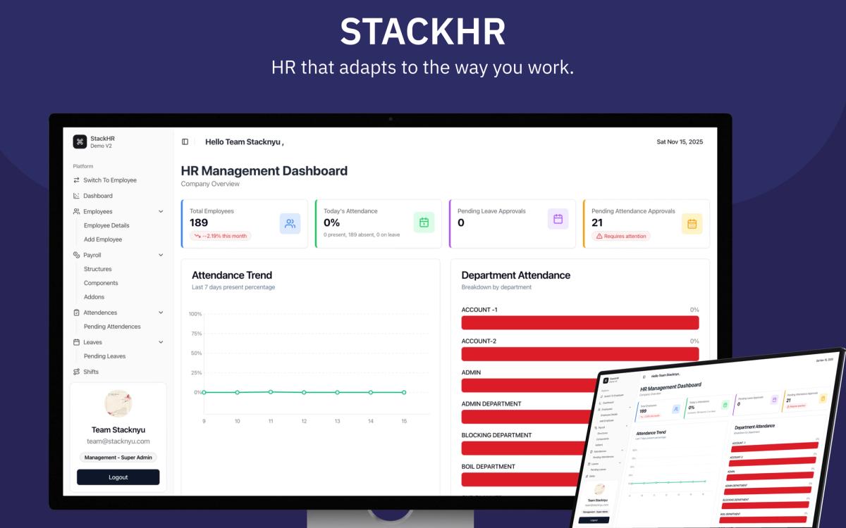 StackHR – A Fully Customisable HR Management System for Complex Organisations interface