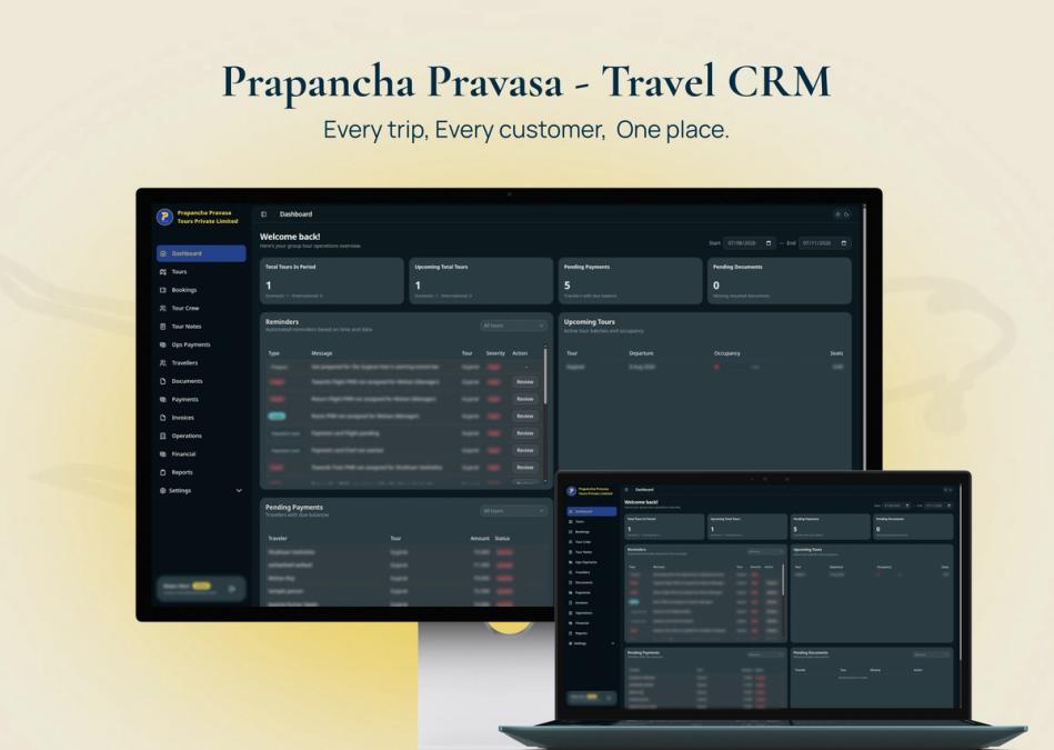 Tour operator operations dashboard for bookings and traveller documents