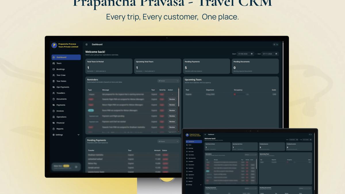 Tour operator operations dashboard for bookings and traveller documents