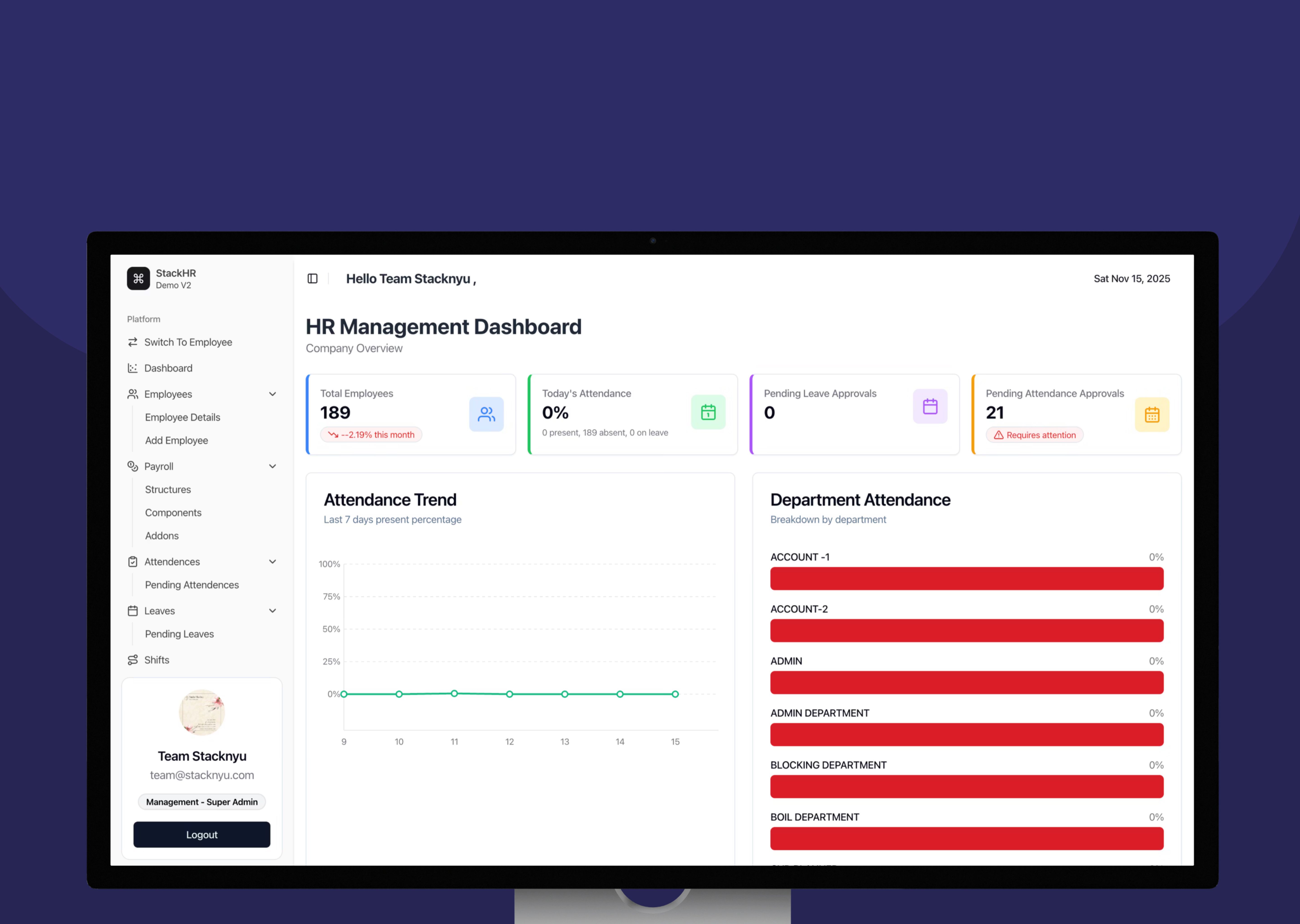 StackHR – A Fully Customisable HR Management System for Complex Organisations interface