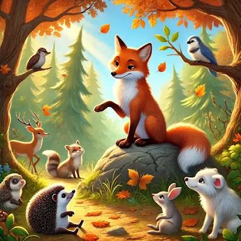 “Tilki ve Kirpi’nin ormanda Avcı’ya karşı zekâ ve azimlerini gösterdiği masalı anlatan illüstrasyon”