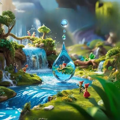 “Su damlasının yapraktan toprağa, derelerden denize yaptığı doğa yolculuğunu anlatan çocuk masalı illüstrasyonu”