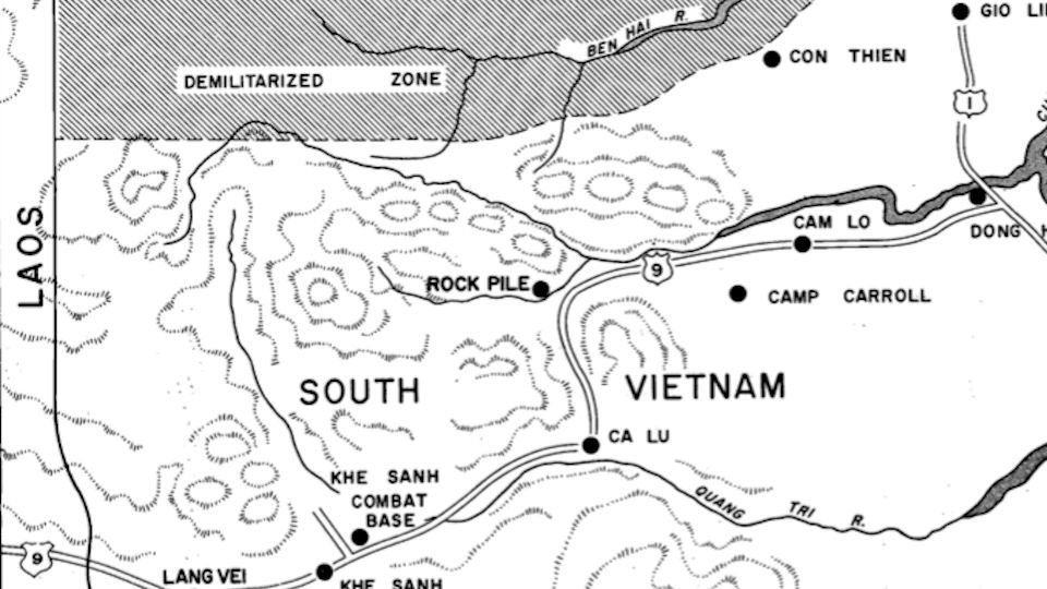 Map showing Khe Sanh Combat Base location in Quang Tri Province near the Laotian border and DMZ
