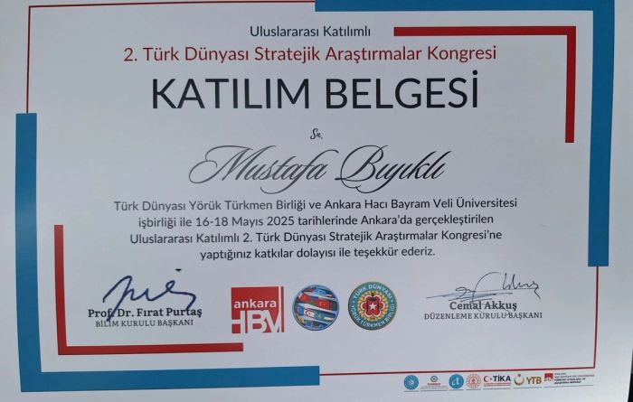Mustafa Bıyıklı adına düzenlenen katılım belgesi
