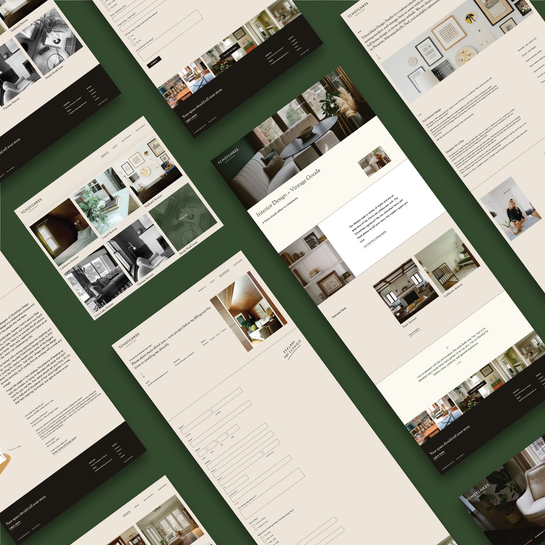 Diagonal layout of multiple webpage design for Tchotchkes on a green background including: home page design, website contact page, work image galleries, and an about the owner page