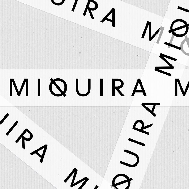 White strips overlapping each other with black text saying Miquira