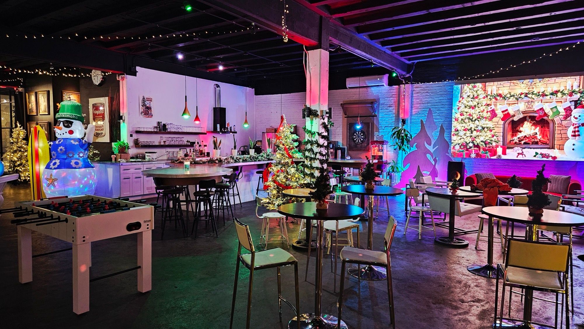 Holiday bar with the LED fireplace wall