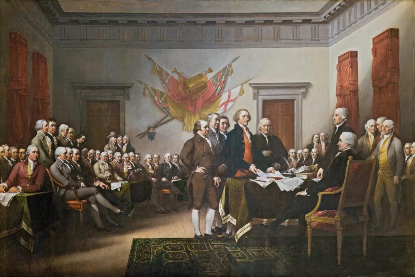 Detail of John Trumbull’s painting showing the Committee of Five presenting the draft Declaration to John Hancock.