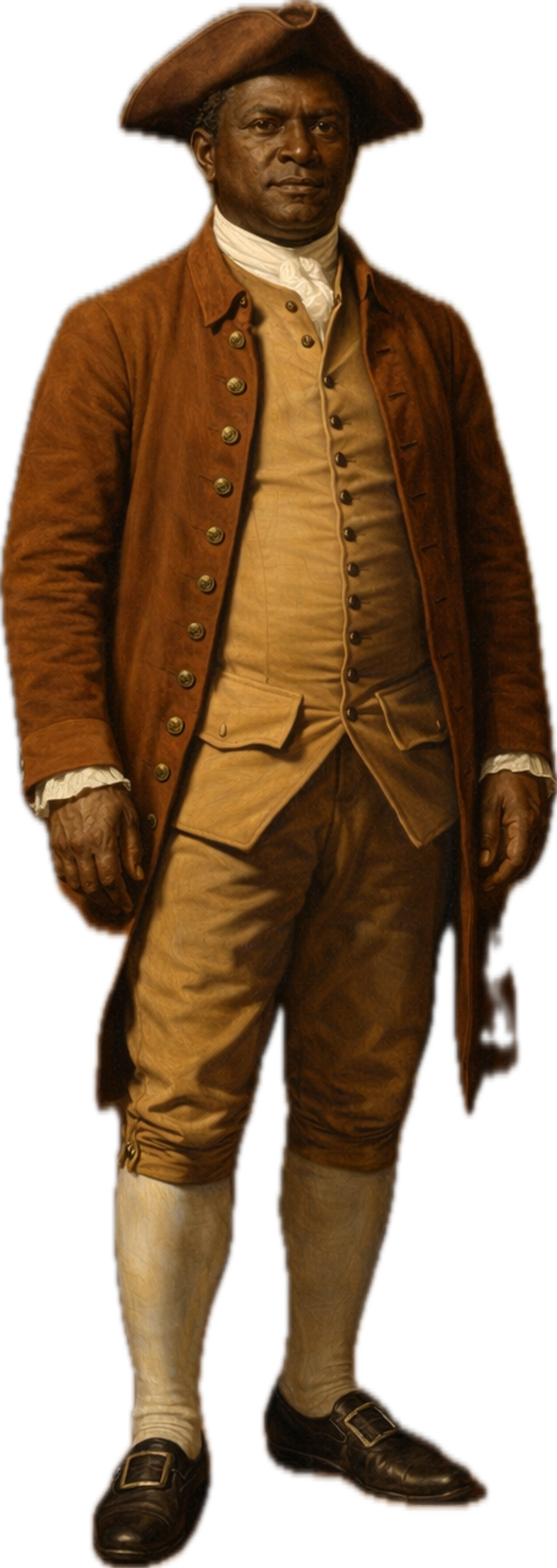 Portrait illustration of Jethro Luke standing in a brown coat and tricorn hat.