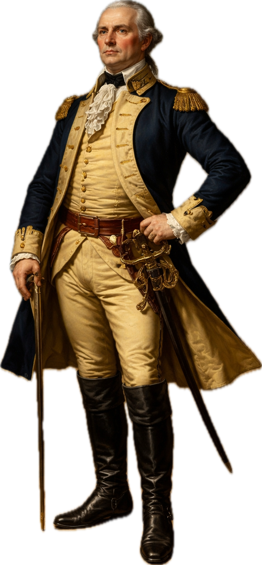 Portrait illustration of Benedict Arnold in Continental Army uniform holding a sword.