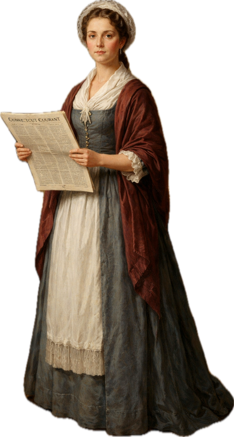 Portrait illustration of Hannah Bunce Watson holding a copy of the Connecticut Courant.