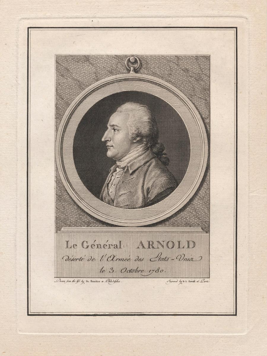 Engraved profile portrait of Benedict Arnold in uniform, facing left.