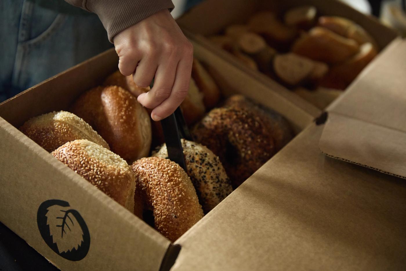 Close detail of the bagels/food setup.