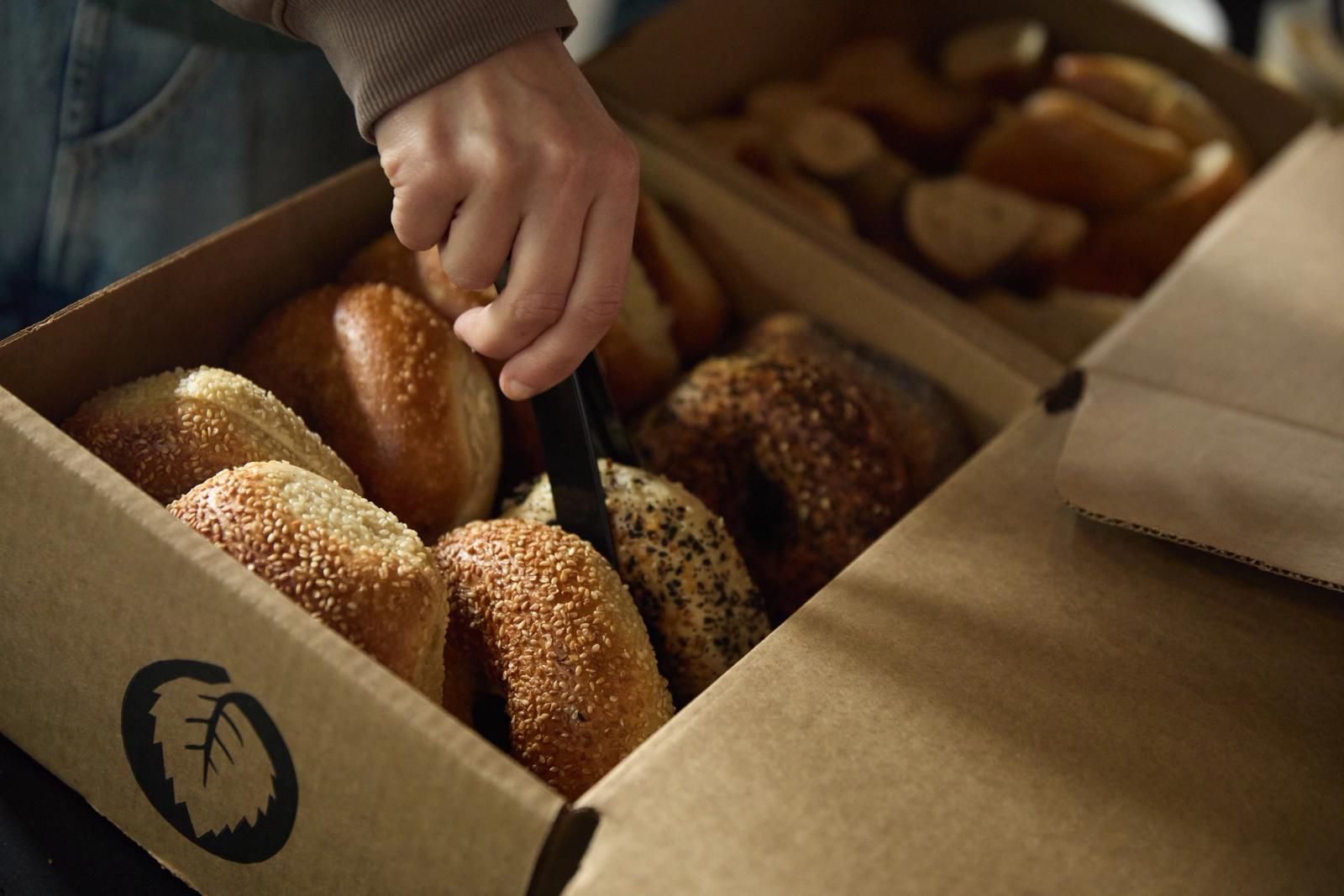 Close detail of the bagels/food setup.