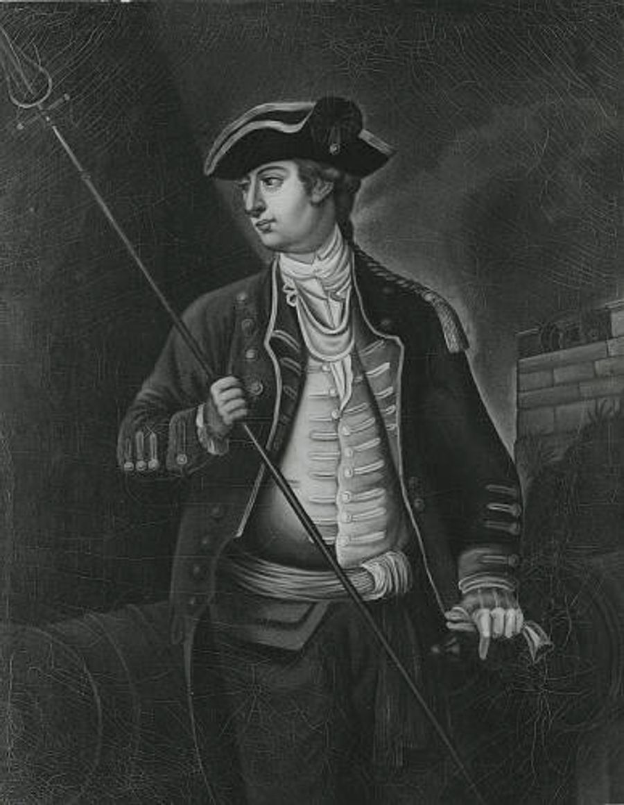 Monochrome painted portrait of David Wooster in military uniform, holding a polearm.