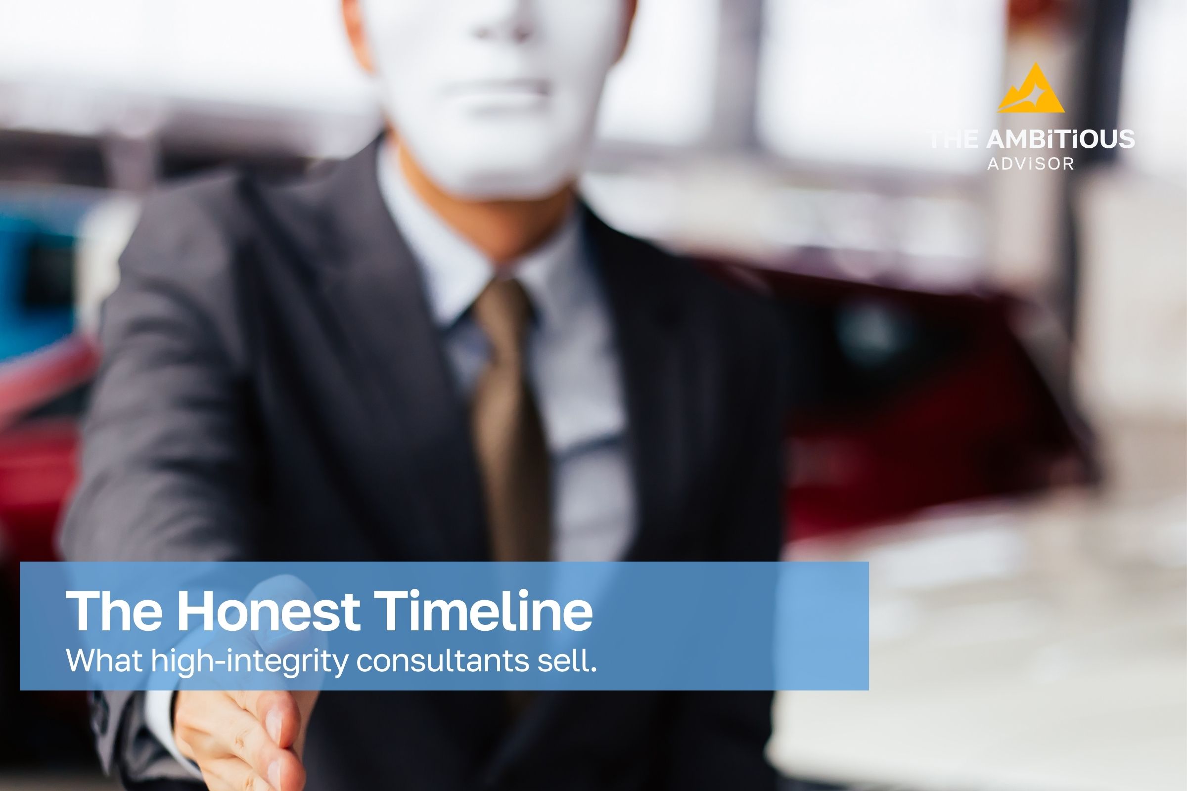 Man in suit wearing a mask with his hand outstretched anticipating a handshake