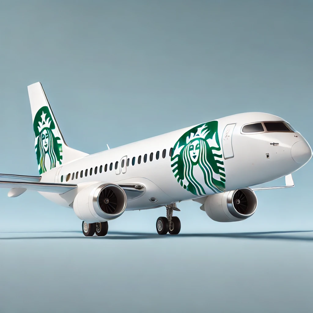 AI-generated image of a passenger jet painted in Starbucks branding