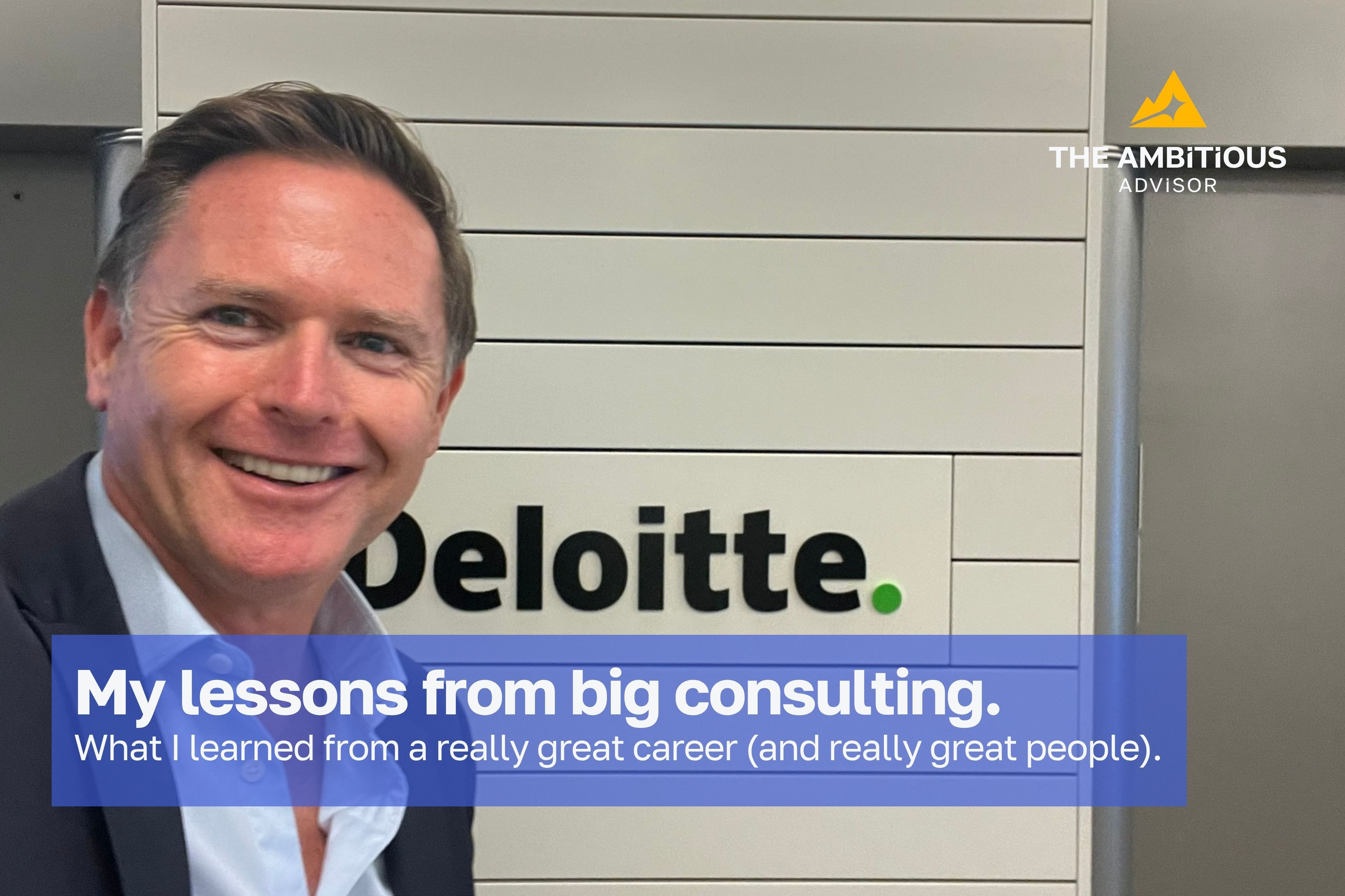 Russell Raath, smiling in a jacket and open-collared shirt, standing in front of a large Deloitte sign, with the firm's name clearly visible behind him.