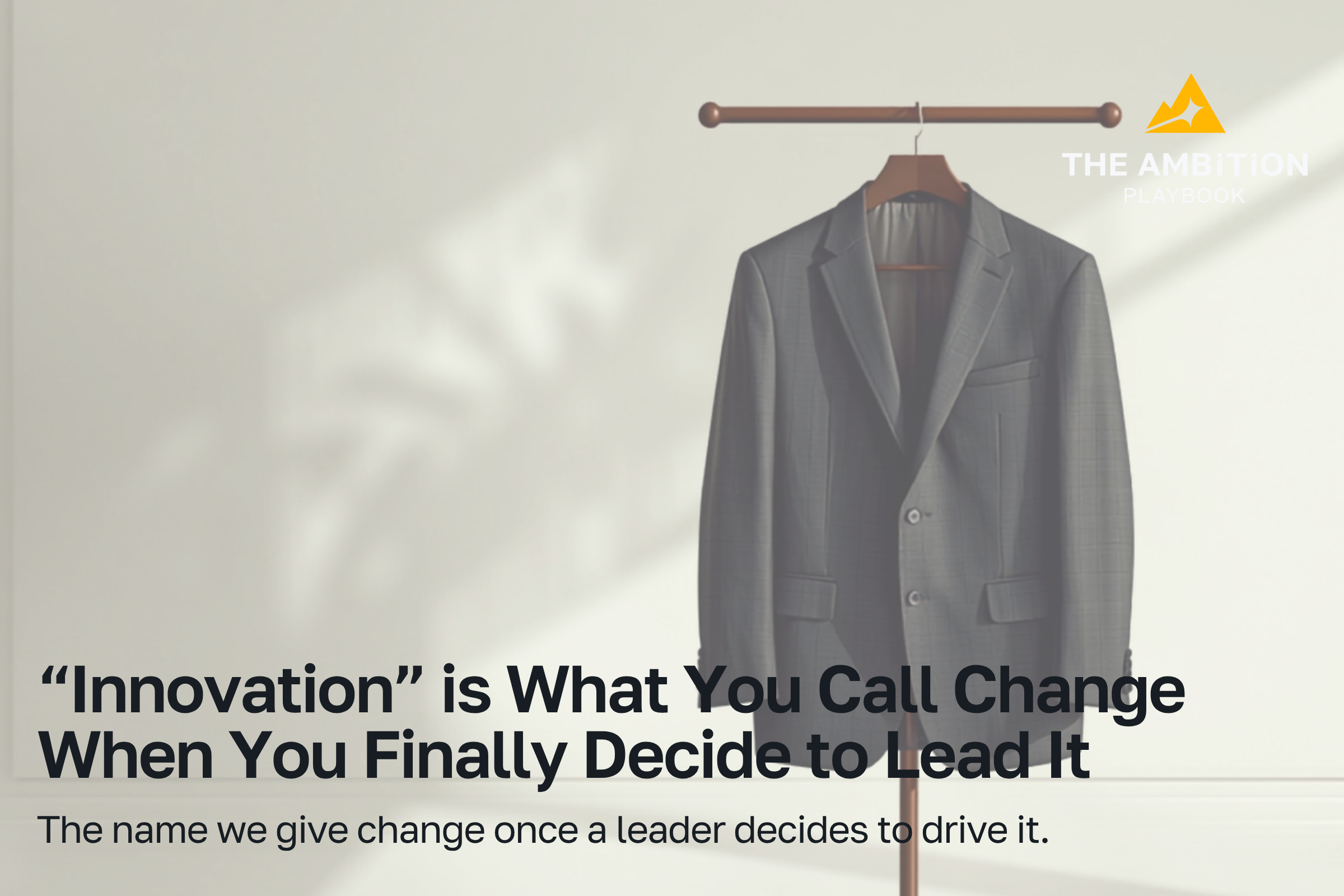 A dark tailored suit jacket hangs on a wooden valet stand in a bright, sunlit room, illustrating change dressed up as innovation.