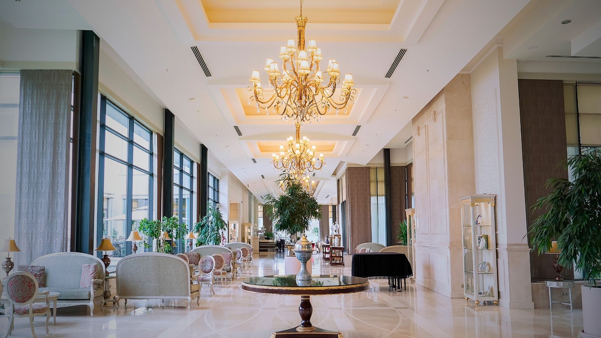 luxury hotel lobby inviting to arriving guests
