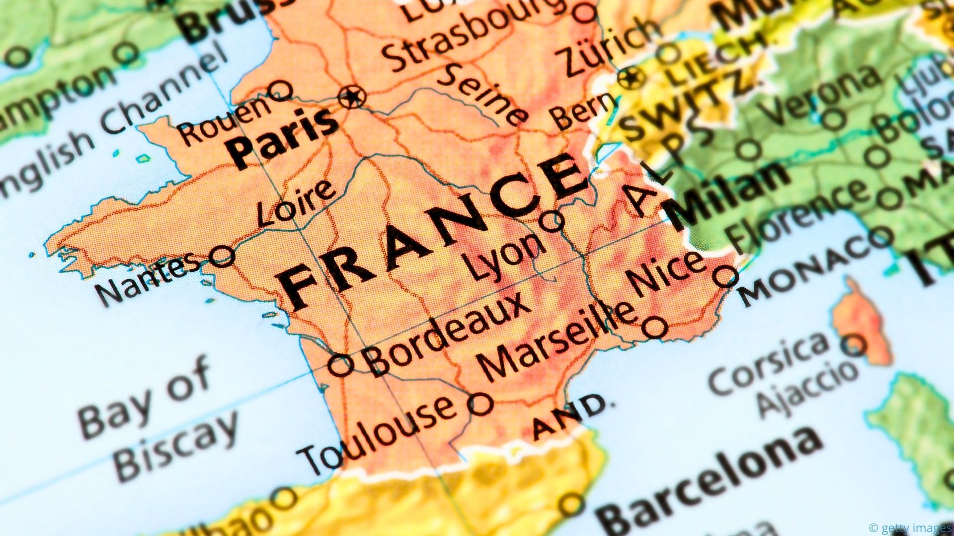 the nation of france and surrounding areas on a map