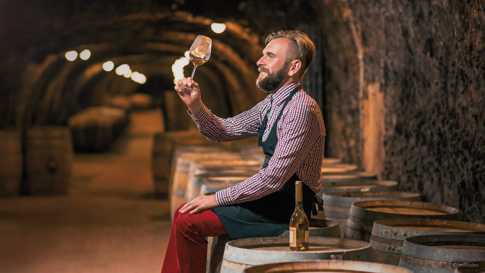 wine tasting in a wine aging cellar by a winemaker