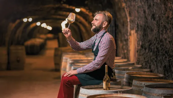 wine tasting in a wine aging cellar by a winemaker