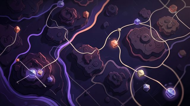 Abstract editorial map showing connected routes and resource nodes for a Dark War: Survival beginner plan.