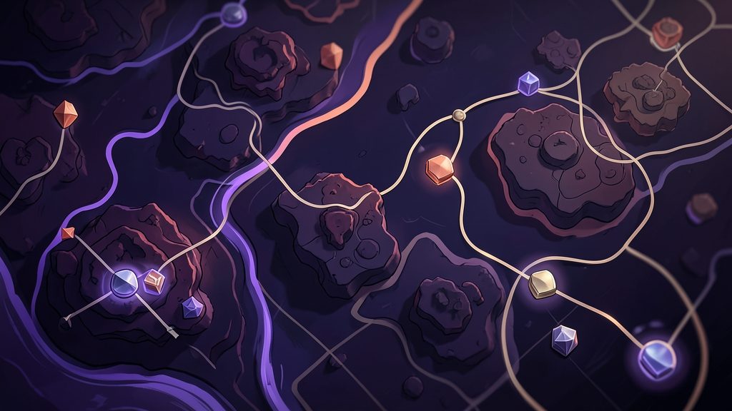 Abstract editorial map showing connected routes and resource nodes for a Dark War: Survival beginner plan.