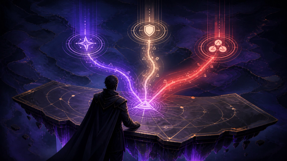 Anonymous strategist comparing abstract paths for exploration, defense, and group action.
