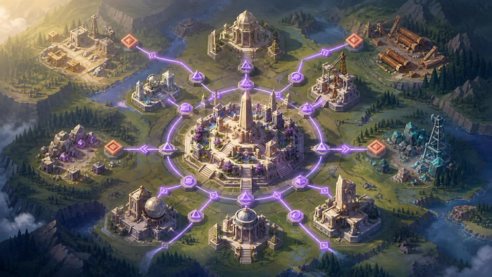 Conceptual city upgrade map linking buildings, resources, and research paths.