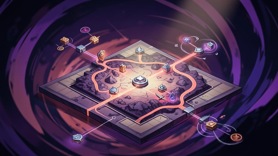 Abstract tabletop-style strategy map with linked resource, defense, and movement symbols.