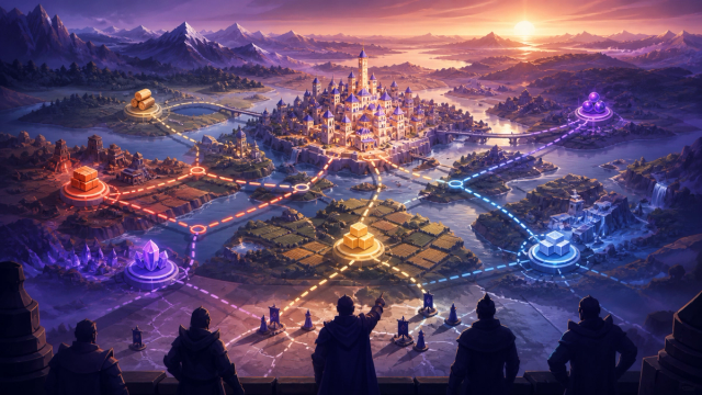 Conceptual city-building strategy map with connected resource routes and anonymous planners.