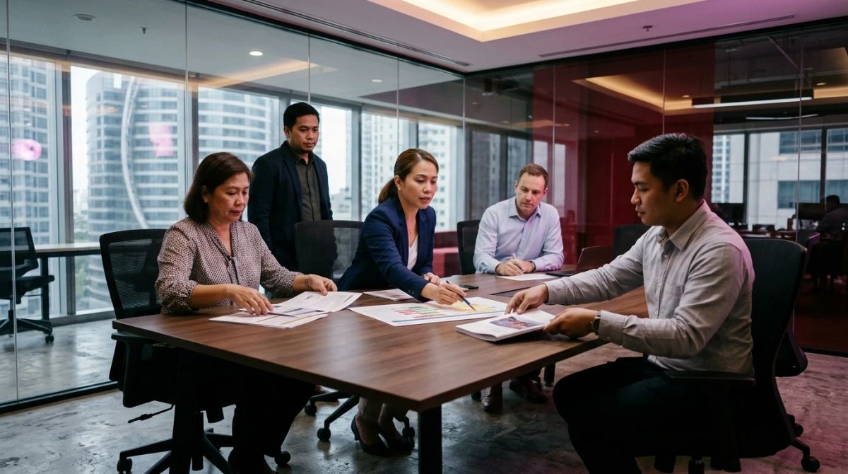 Filipino procurement outsourcing team reviewing supplier proposals in a Philippine office.