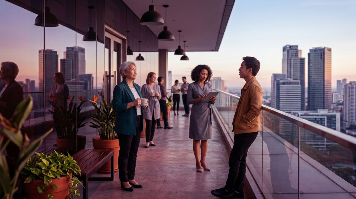 A senior engineer points toward the city skyline as a new graduate on the offshore IT team leans on a glass railing, listening.