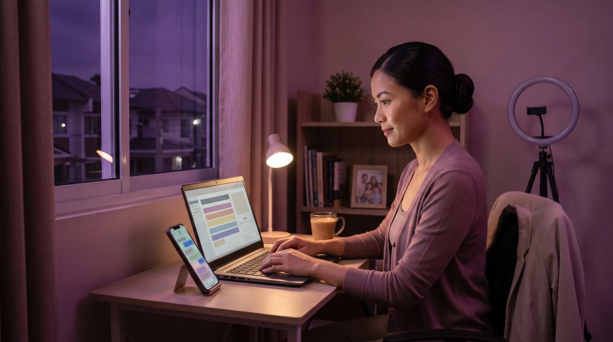 A Filipino virtual assistant, alert and composed, works from a home office desk at night under a moody crimson-and-violet cinematic cast.