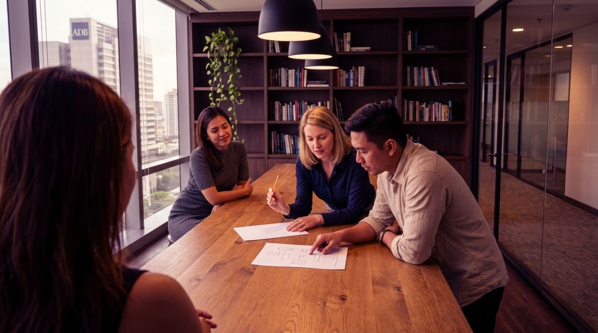 Team members planning customer support workflows to outsource customer service to the Philippines in a modern office meeting room.