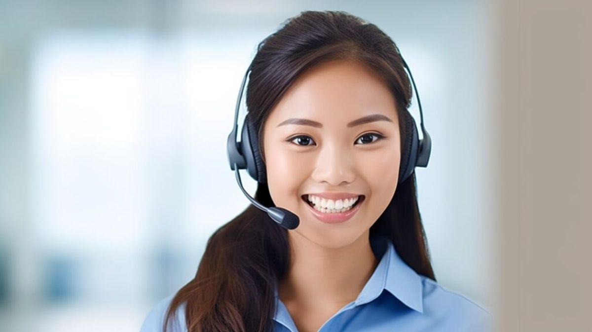 An enthusiastic and personable Asian customer support staff member, radiating a warm smile as they eagerly extend their services to businesses with genuine dedication and attentiveness.