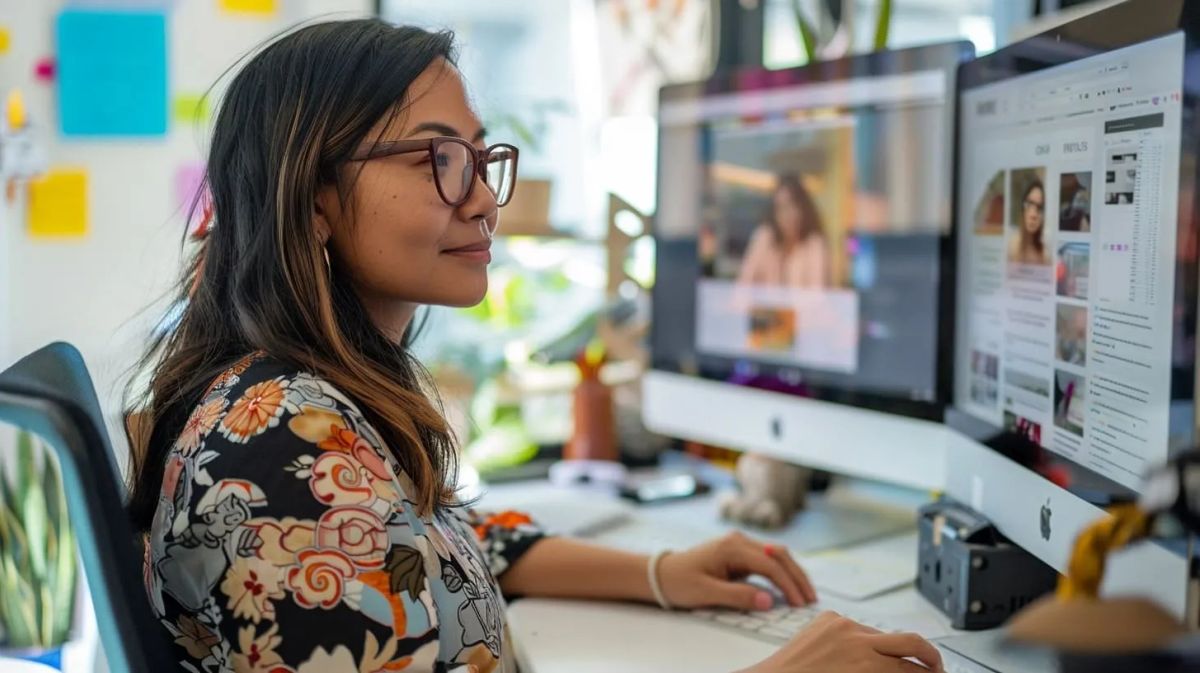 woman with glasses using iMac with dual screen