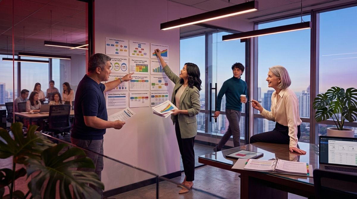 Customer support outsourcing services team pins color-block cards on a wall in a glass-walled meeting room