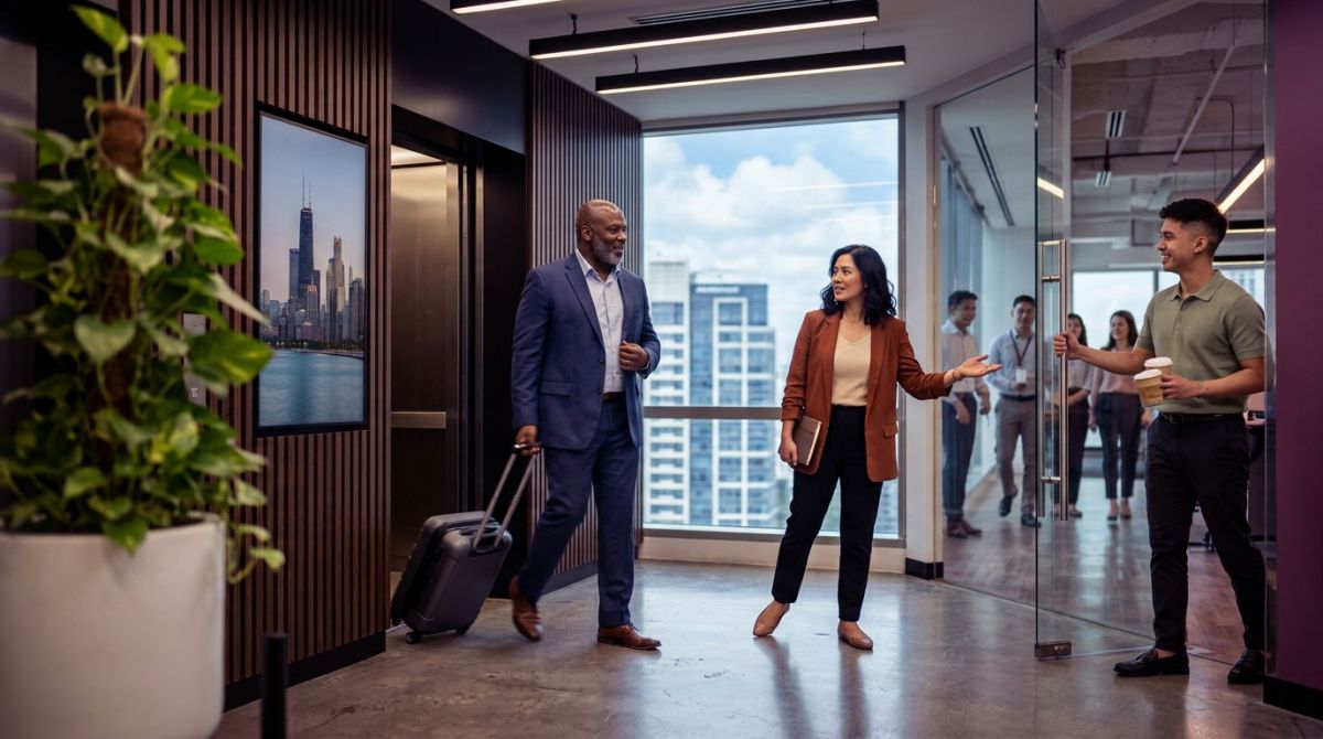 Filipino team welcomes a visitor by a Chicago skyline display in an Ortigas lobby, talking outsourcing companies in Chicago.
