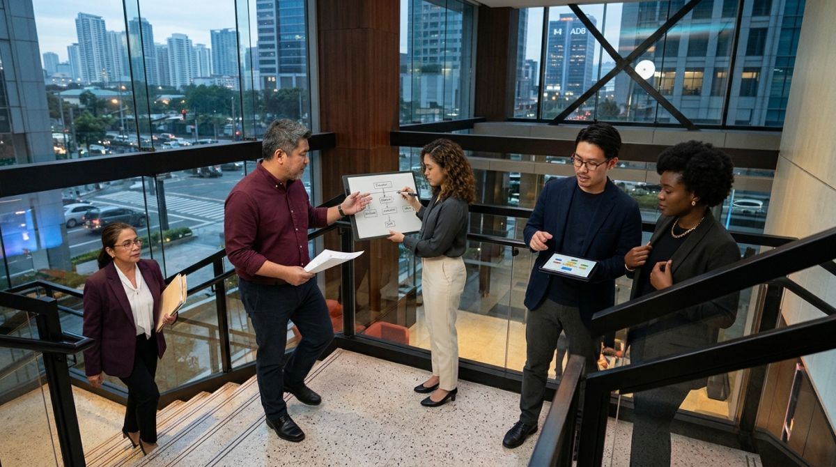 Diverse CX operations team coordinates scalable customer support workflows in an Ortigas office atrium.